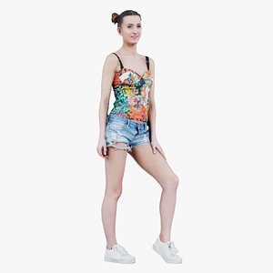 3D Woman in Flower Top Sneakers and Jeans Posing 1 Remastered