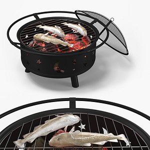 Whole Cod Placed on Charcoal Grill Grate 3D model