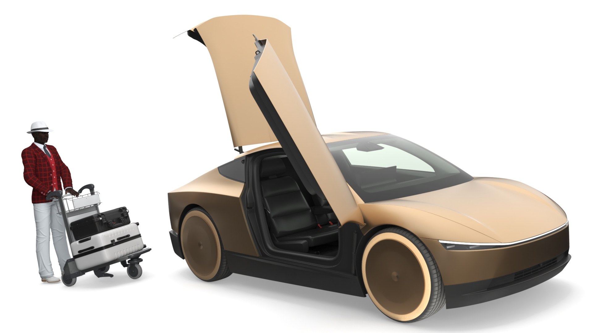 3D Tesla Cybercab Robotaxi And Man With Luggage Model - TurboSquid 2325139