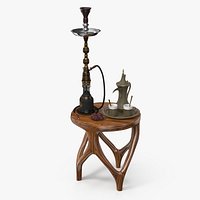 Hookah and Arabic Coffee Set on Wooden Table