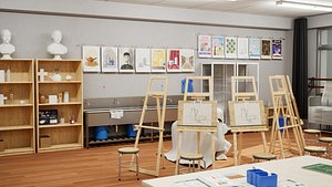 Japanese School Art Room - Classroom Interior with Easels and Student Works