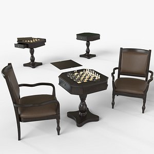 Black Chess and Pedestal Game Table and Chairs 3D model