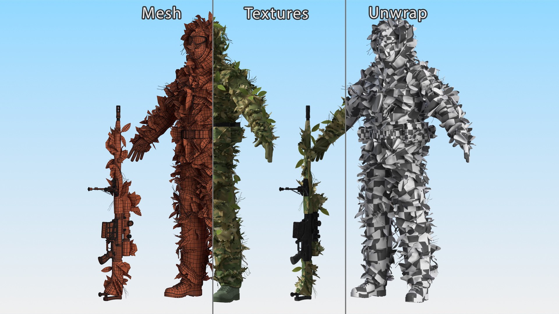 Sniper in Leaf Ghillie Suit T-pose model https://p.turbosquid.com/ts-thumb/jN/dixPSa/MN/sniperinleafghilliesuittposec4dmodel020/jpg/1668731648/1920x1080/fit_q87/03e65510b8361eaa85c0602c9a41d9367f97d0a1/sniperinleafghilliesuittposec4dmodel020.jpg