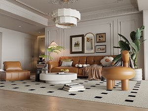 3D French Retro Modern Living Room Interior Scene