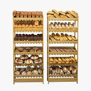 Baked Bread, bun and loaf collection on shelf 3D model