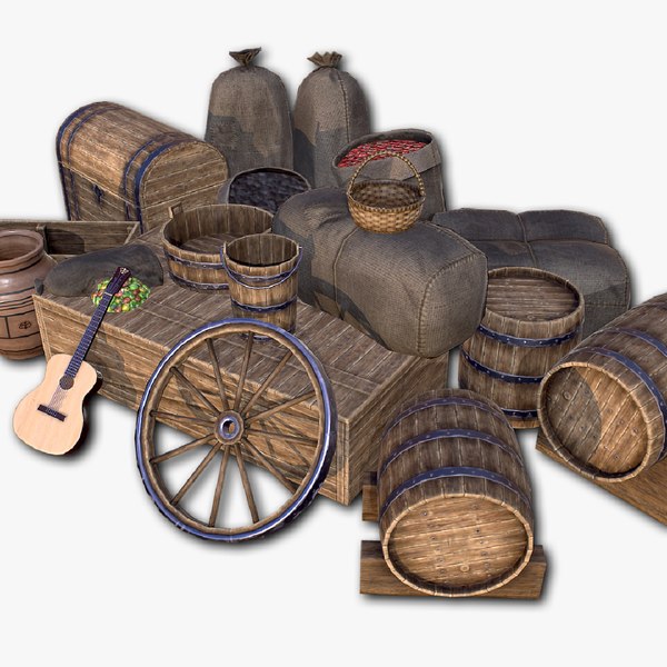 Bags Barrels Baskets Boxes Buckets Chests - 29 low-poly PBR objects