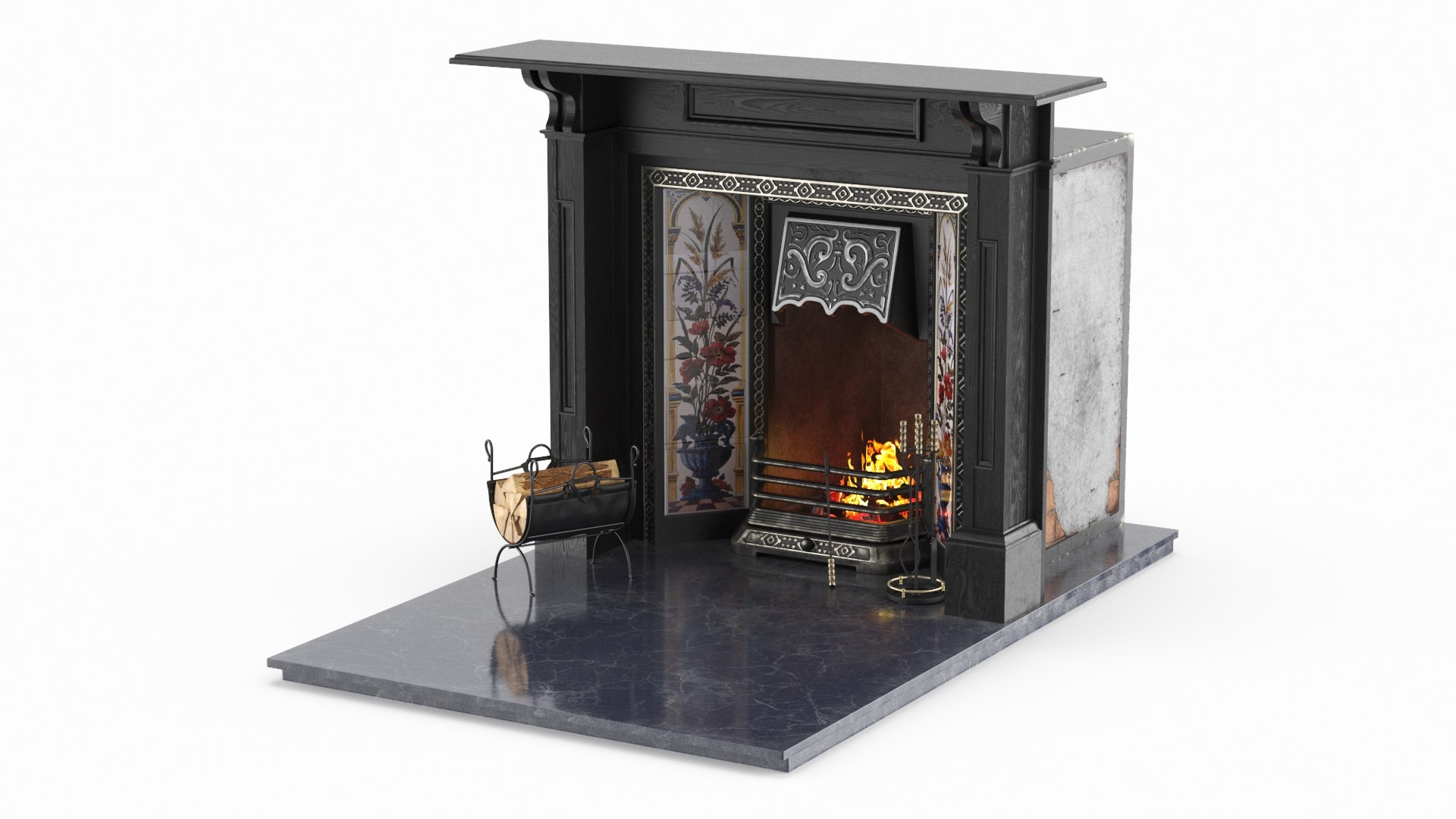 Black Antique Fireplace with Log Rack 3D model preview