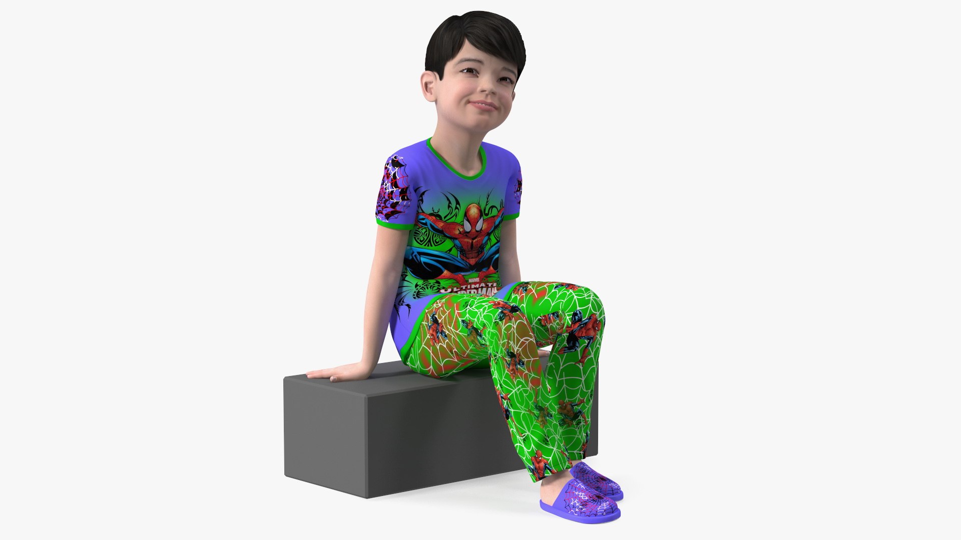 Sitting Asian Boy in Spiderman Pajamas 3D model preview