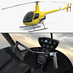 Robinson R22 Aircraft with Bubble Cockpit Yellow Rigged