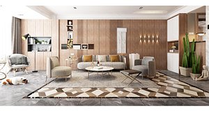 Raw wood living room and dining room