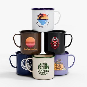 Collection of enamel cups with vintage colors and logo's 3D model
