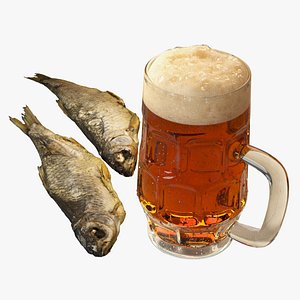 3D Beer in a mug with dried fish