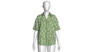 Girls Botanical Leaf Printed Green Shirt 3D model