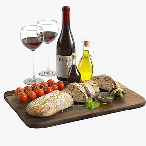 Food Set 02  Bread  Tomatoes  Olives and Wine 3D