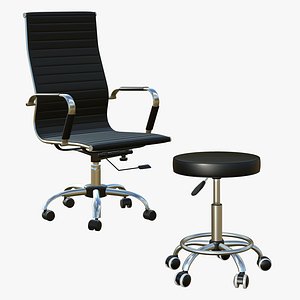 Office Chair With Realistic Leather Stool 3D model