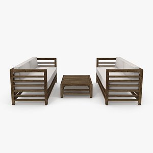 3D Set of Wood Outdoor Sofas and Table