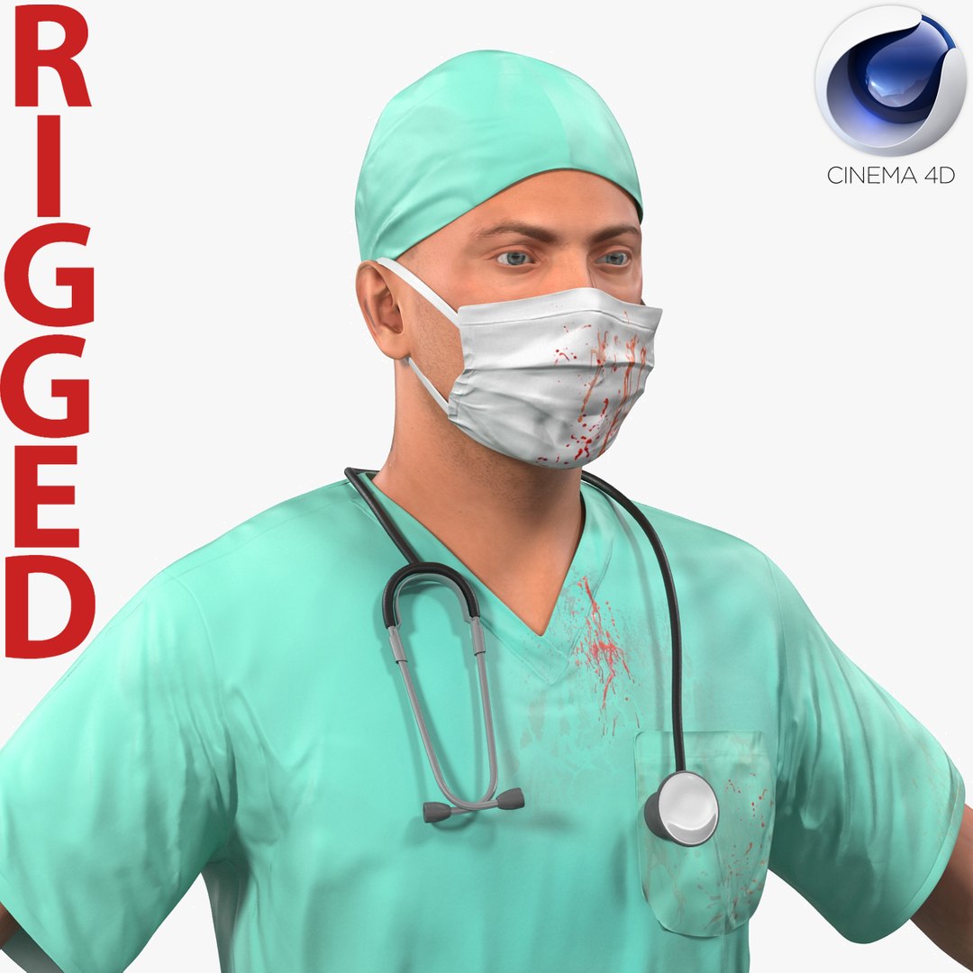 Male Surgeon Caucasian Rigged with Blood for Cinema 4D 3D model preview
