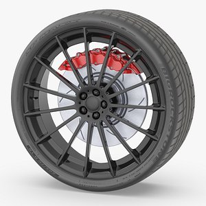 Black Multi-Spoke Wheel with Red Brake Caliper 3D model