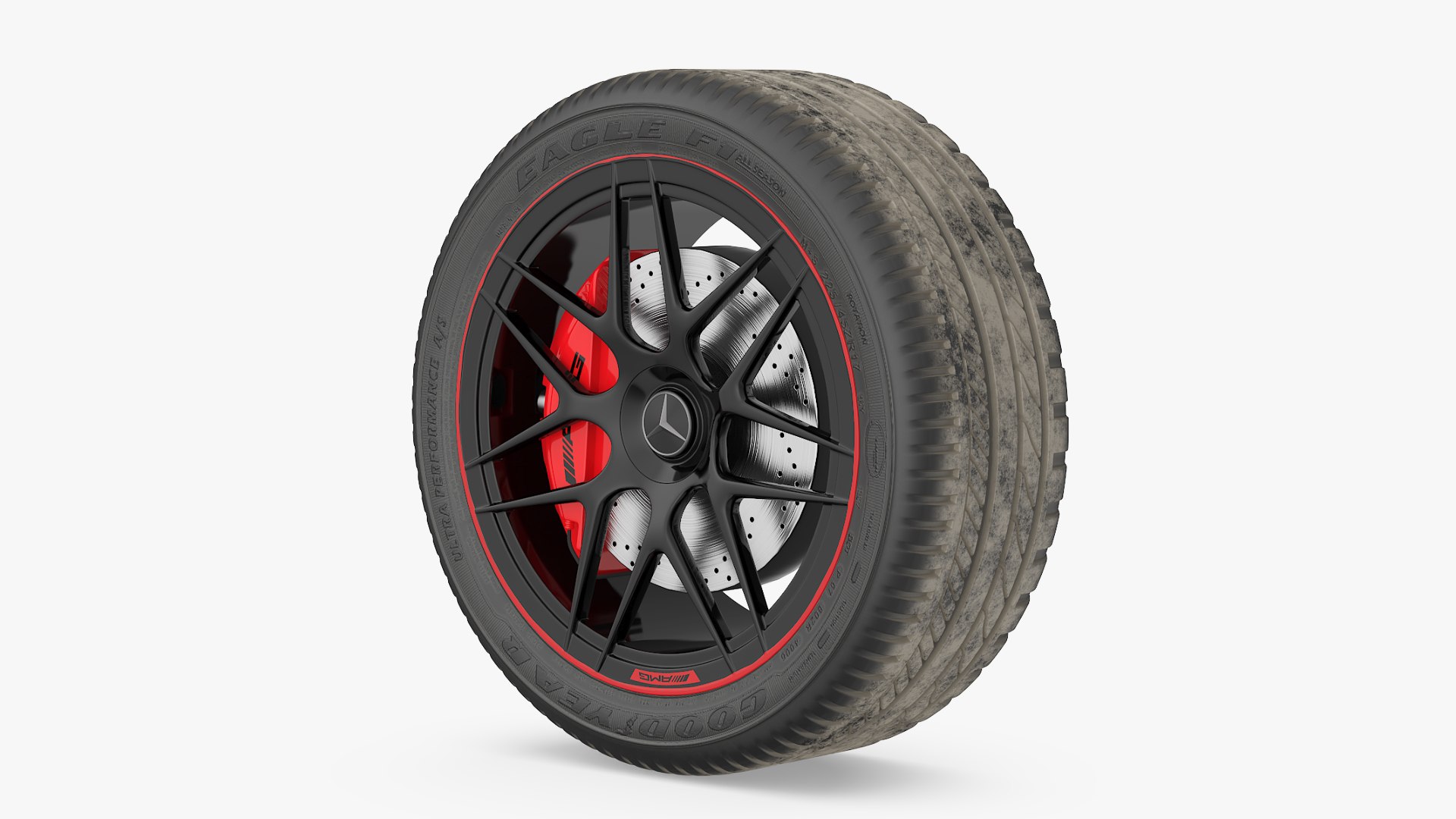Mercedes AMG Black Wheel with Red Caliper Dirt 3D model preview