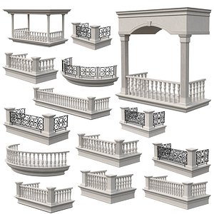 14 Classic Balconies With Marble Balusters and Wrought Iron Fence model