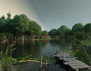 3D Park lake pond fish pond fishing angler fishing platform scenery