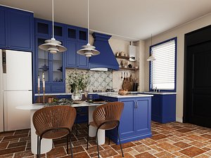 3D Modern blue kitchen interior design