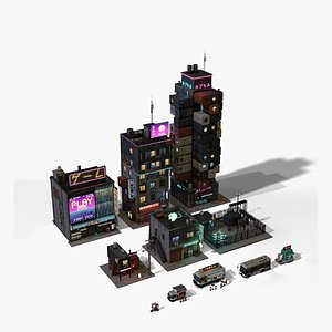 Cyberpunk City Mega Bundle - 6 Buildings 4 Vehicles and Kiosk PBR