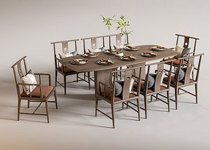 3D model New Chinese Style Dining Set Dining Table and Chairs