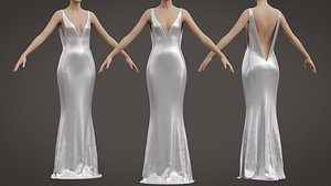 3D Silk Satin Silver Wedding Dress - Backless Party Gown