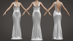 3D Silk Satin Silver Wedding Dress - Backless Party Gown