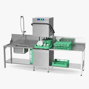 3D model Commercial Dishwasher with Dishes