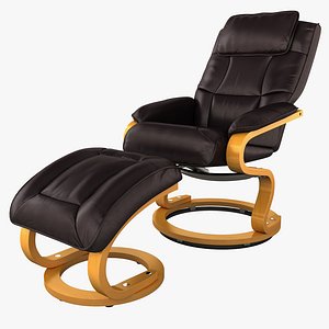 Leather Recliner and Ottoman with Swiveling Wood Base