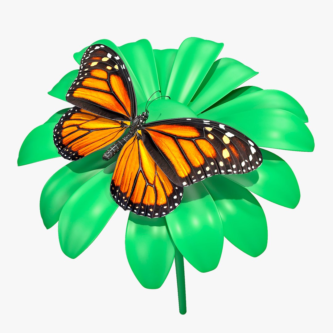 Animated Monarch Butterfly Takes Off from Swinging Flower Rigged for Maya 3D model preview