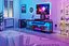 Industrial TV Stand with Open Storage Shelves Wood and Metal Media Console for Living Room