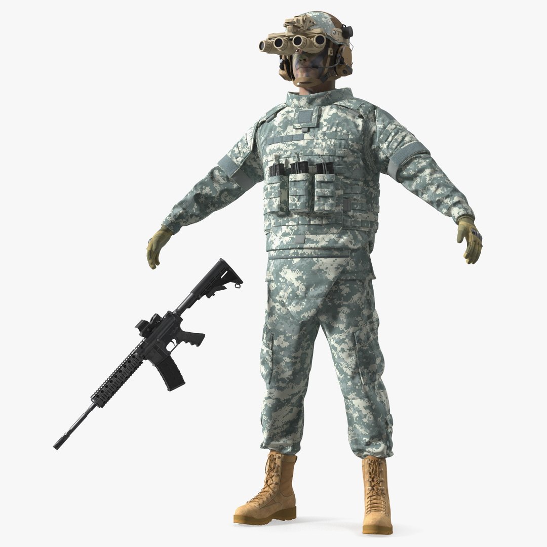 Military Soldier Grey Camo with Night Visor A-pose Fur 3D model preview
