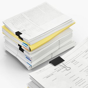 Paper Document Stack with Binder Clips White Yellow