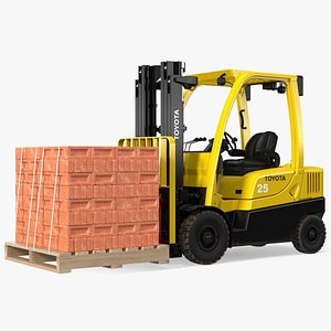 Forklift Toyota with Red Bricks Stacked on Wooden Pallet Rigged 3D model