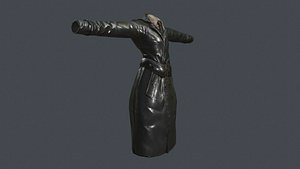 Long Leather Coat Closed Black Low-poly