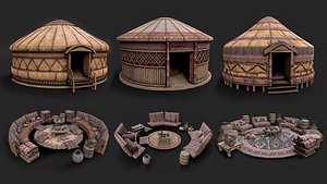 Mongolian Yurt and Interior Low Poly PBR Collection 3D
