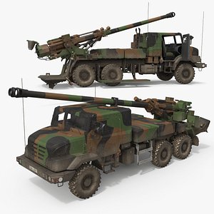 CAESAR Truck-Mounted Artillery System 6x6 Camouflage Used Rigged 3D model