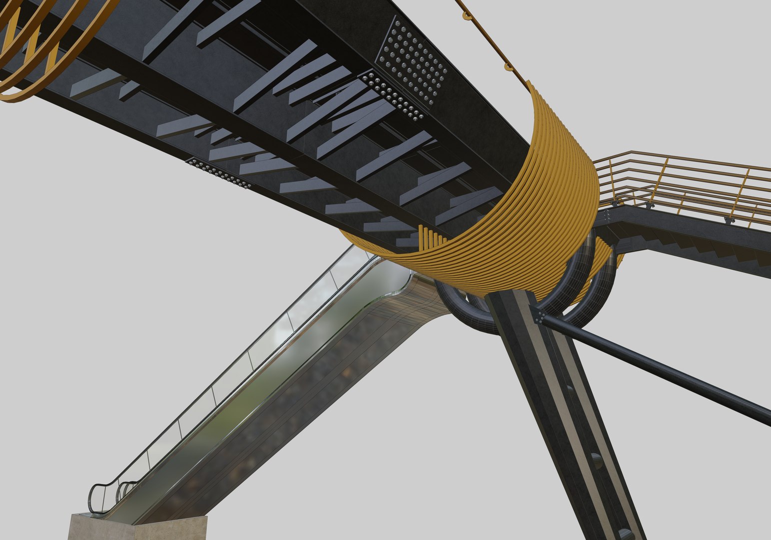 3D model Steel Pedestrian Bridge-Escalator-Oblique Cone Column Type-26 https://p.turbosquid.com/ts-thumb/ju/HTYnX6/hx/23/jpg/1650713421/1920x1080/fit_q87/662e7e1d74edb61dd9c3458b7b6939ecc9a2781c/23.jpg