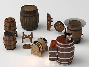 3D model Vintage Wooden Barrel Bar Furniture Collection Wine Cellar PBR