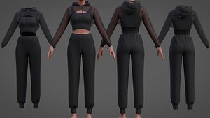 3D Womens 3-Piece Tracksuit Crop Top Hoodie  Sweatpants Outfit set 3D Model