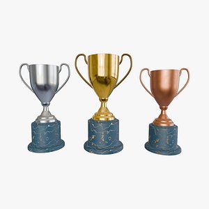 3D Gold  Silver and Bronze Award Trophies Set 3D Model
