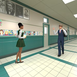 School Straight Hallway with Teenagers 3D model