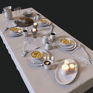 Breakfast table setting with bread and cereals 3D