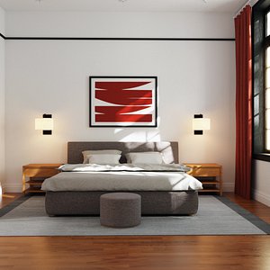 Contemporary Hotel Bedroom with Pouf and Wooden Nightstands