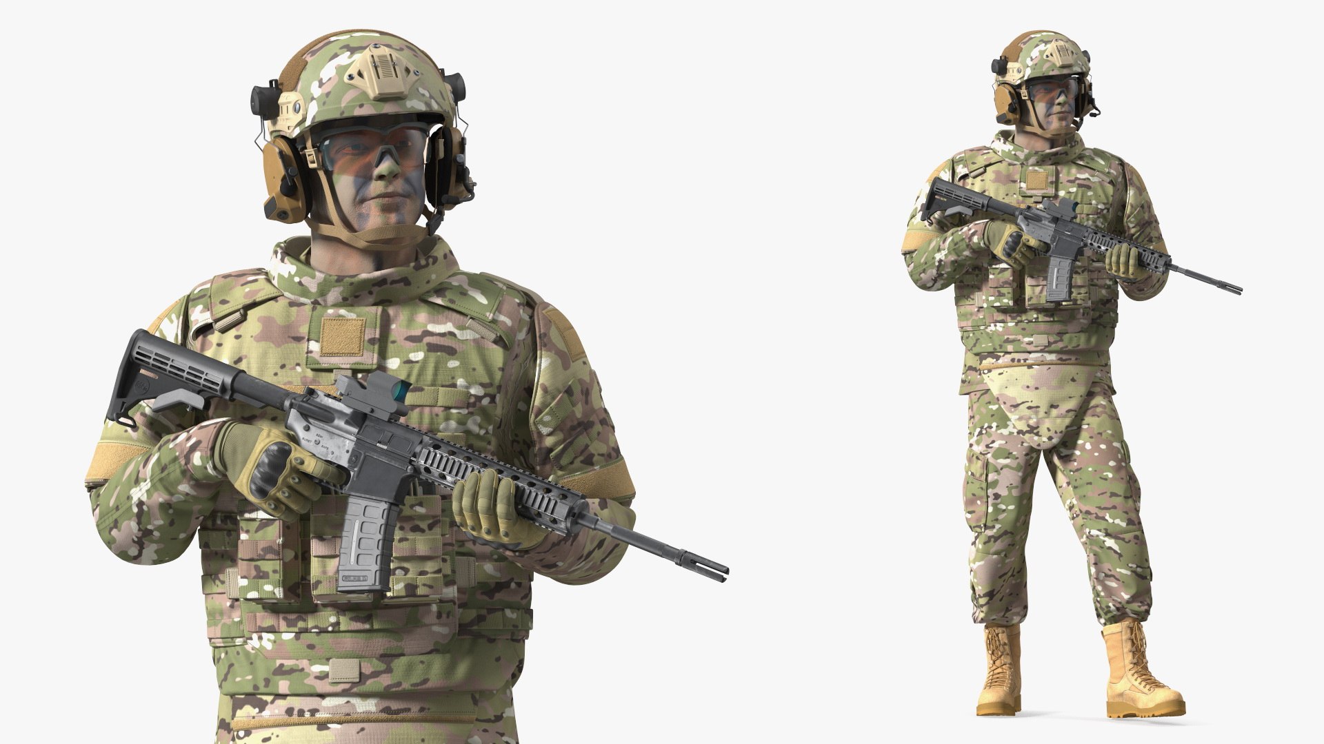 Fully Equipped Military Soldier in Green Camo Walking Fur 3D model preview