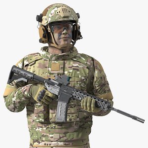 Fully Equipped Military Soldier in Green Camo Walking Fur