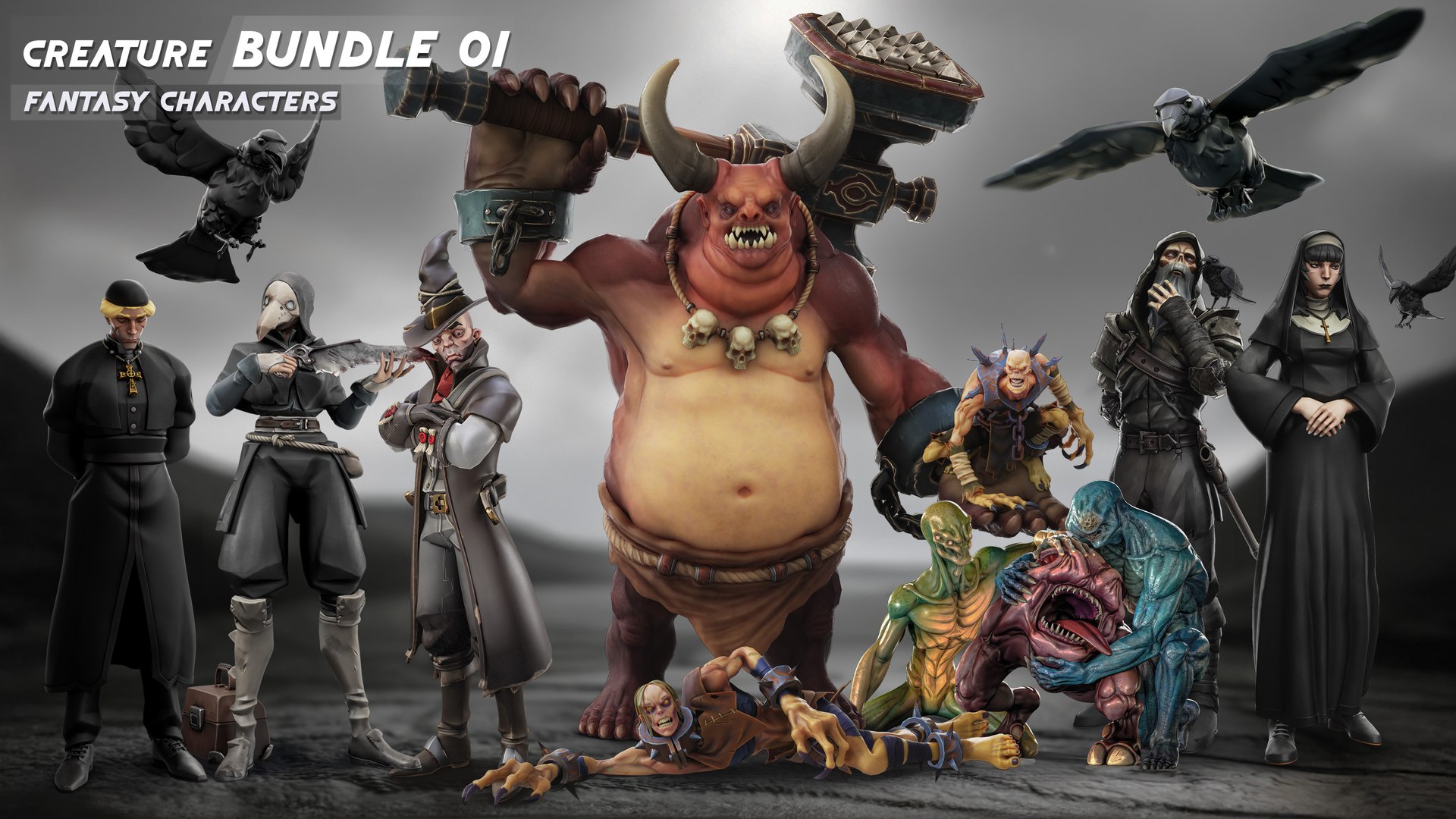 3D Alien - Demon Troll - Ghoul - Zombie - Nurse - Raven - Nun - Warrior - Barbarian - Elf Archer - Tiefling - Bot - Teen - Kid - 24 in 1 Mega Bundle https://p.turbosquid.com/ts-thumb/k0/rXSuji/16/creat_1/jpg/1776886047/1920x1080/fit_q87/86db705239281489aaa0545550ca719dd92dff3b/creat_1.jpg